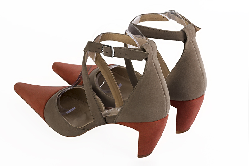 Terracotta orange and taupe brown women's open side shoes, with crossed straps. Pointed toe. Medium comma heels. Rear view - Florence KOOIJMAN